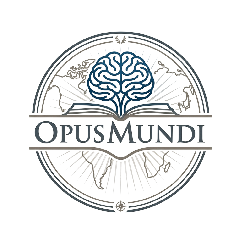 Opus Mundi — brain over open book on world map